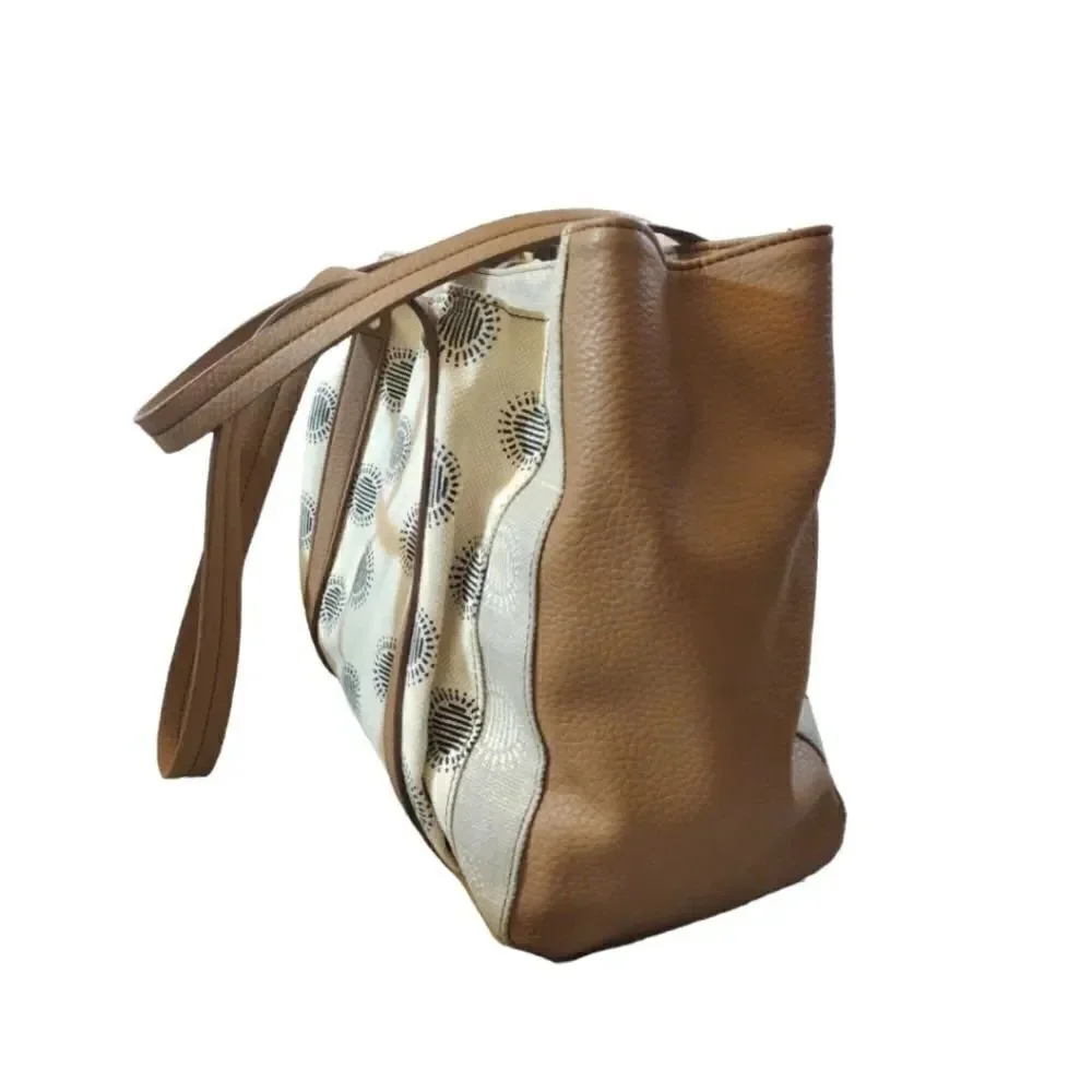 RELIC Printed Cream Canvas and Tan Faux Leather Shoulder Tote‎ Bag